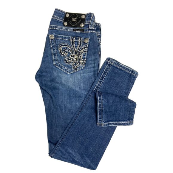 Miss Me Womens 26X32  Blue Denim Jeans Skinny Stretch Fleur De Lis - Picture 1 of 8